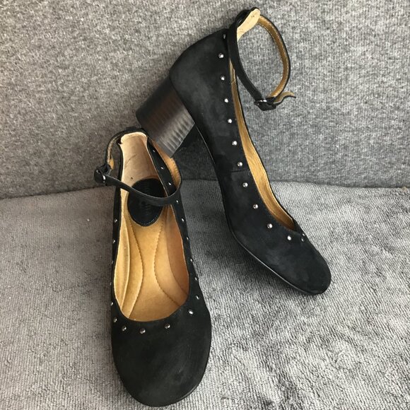 Montana Artisan Crafted Sueded Studded Ankle Strap Shoes Black 7.5 M - Picture 1 of 9